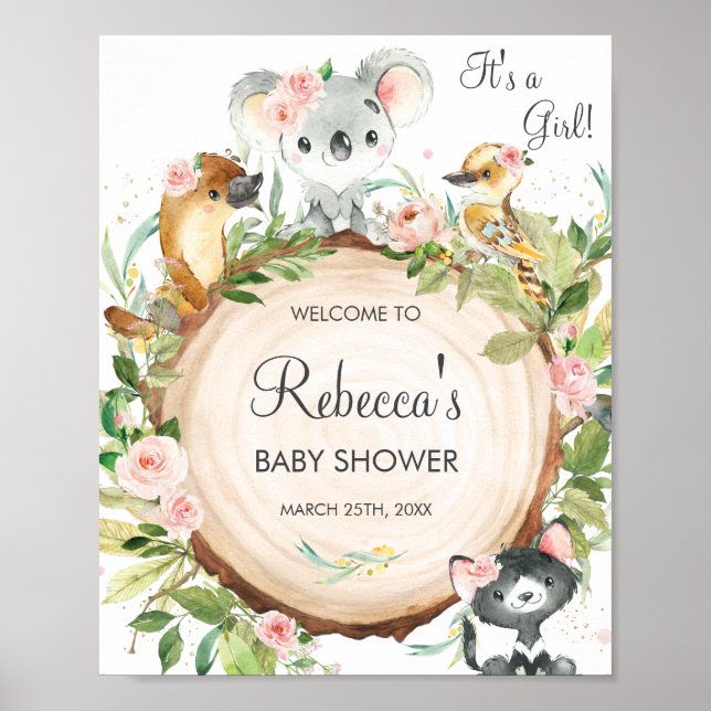 Floral Australian Animals Baby Shower Welcome  Poster (Front)