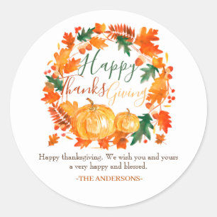 Floral Autumn Leaf Happy thanksgiving family Classic Round Sticker