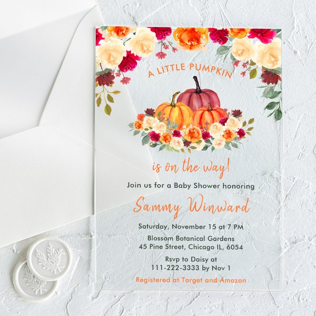 Floral Autumn Orange Pumpkins Baby Shower Acrylic Invitations (Creator Uploaded)