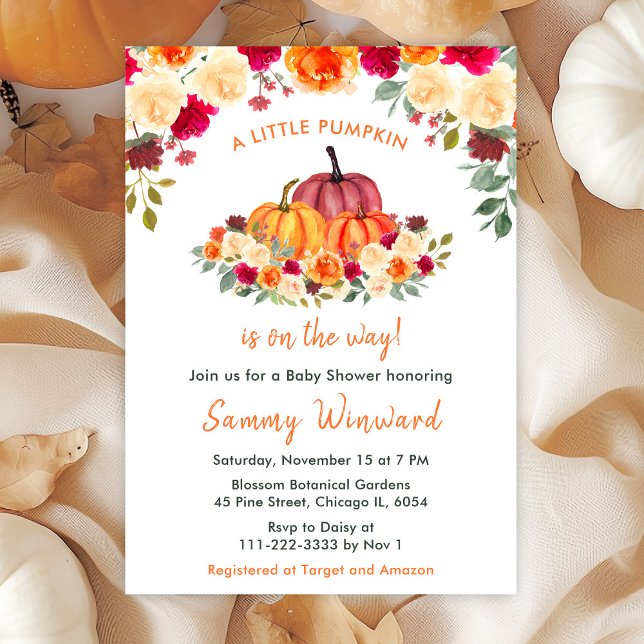 Floral Autumn Orange Pumpkins Baby Shower Invitation (Creator Uploaded)