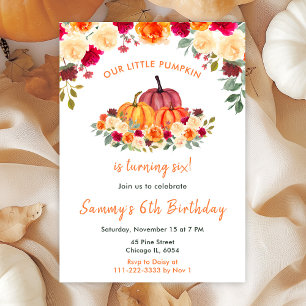 Floral Autumn Orange Pumpkins Birthday Party Invitation