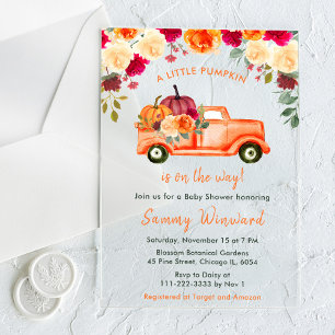 Floral Autumn Pumpkin Truck Baby Shower Acrylic Invitations
