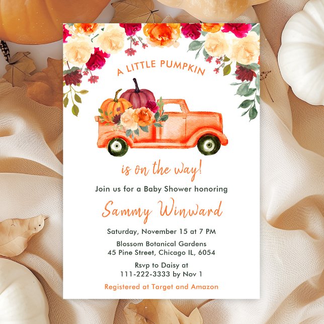 Floral Autumn Pumpkin Truck Baby Shower Invitation (Creator Uploaded)