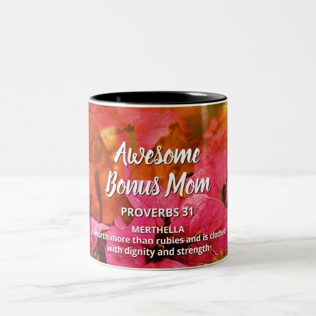 Floral AWESOME BONUS MOM Proverbs 31 Two-Tone Coffee Mug (Center)