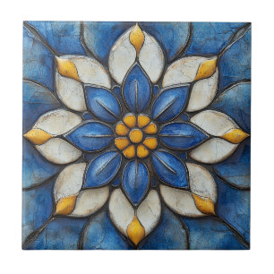 Floral Azulejo Blue White and Yellow Ceramic Tile