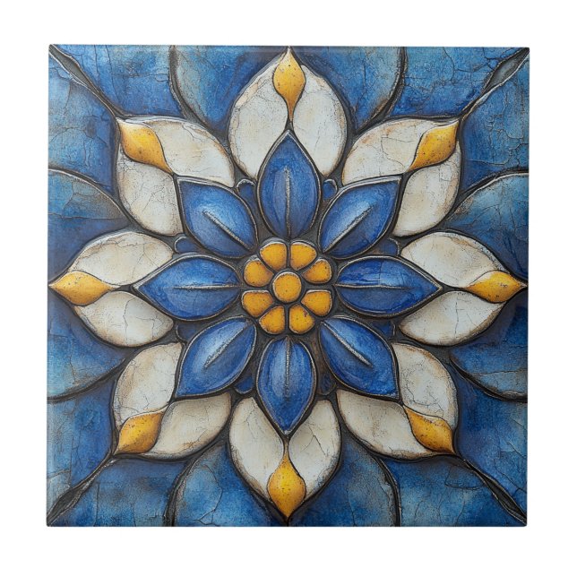 Floral Azulejo Blue White and Yellow Ceramic Tile (Front)