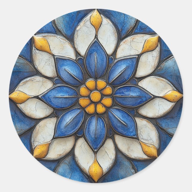 Floral Azulejo Blue White and Yellow Classic Round Sticker (Front)