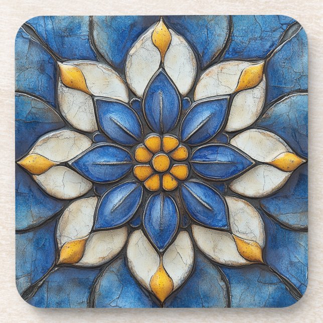 Floral Azulejo Blue White and Yellow Coaster (Front)