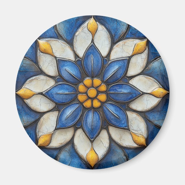 Floral Azulejo Blue White and Yellow Magnet (Front)