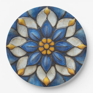 Floral Azulejo Blue White and Yellow Paper Plate