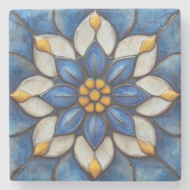 Floral Azulejo Blue White and Yellow Stone Coaster (Front)