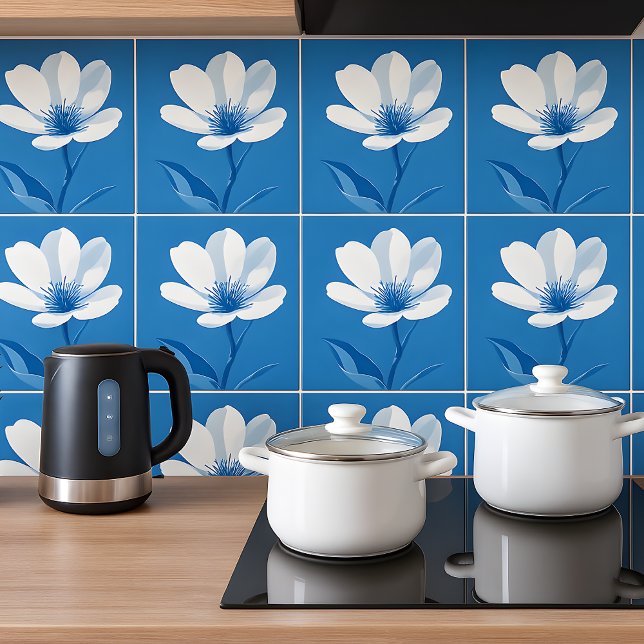 Floral Azulejo Mediterranean Blue White Ceramic Tile (Blue Azulejo Mediterranian)