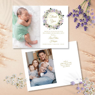 Floral Baby 2 Photo Gold Thank You Birth Announcement Postcard