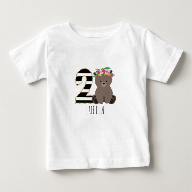 Floral Baby Bear Stripes Second Birthday Shirt (Front)
