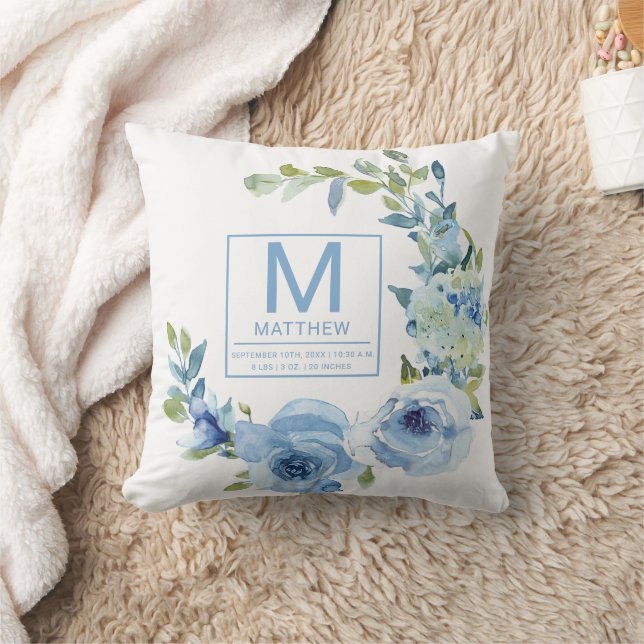 Floral Baby Blue Birth Stats Newborn Baby  Cushion (Blanket)