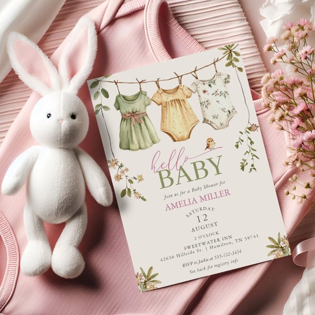 Floral Baby Clothesline Hello Baby Baby Shower Invitation (Floral Baby Clothesline Hello Baby Baby Shower Invitation)