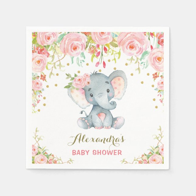 Floral Baby Elephant Birthday Pink Paper Napkin (Front)