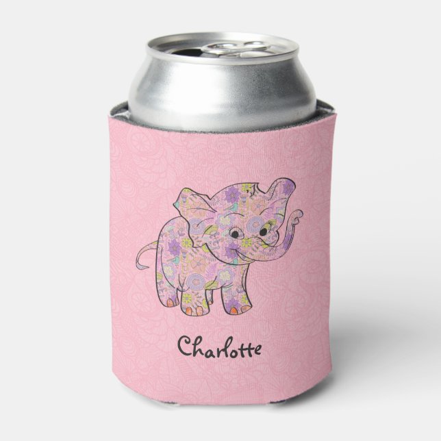 Floral Baby Elephant On Pink Damask Can Cooler (Can Front)