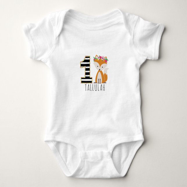 Floral Baby Fox Stripes First Birthday Shirt (Front)