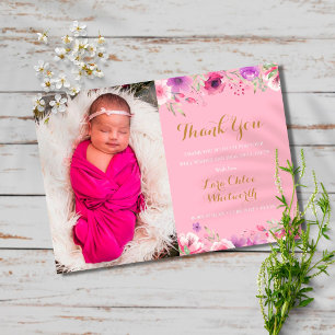 Floral Baby Girl Photo Script Thank You Pink Birth Announcement