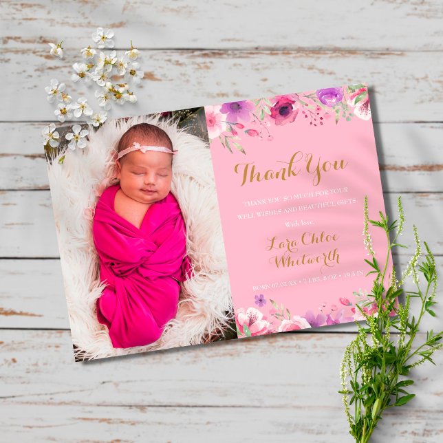 Floral Baby Girl Photo Script Thank You Pink Birth Announcement (Creator Uploaded)