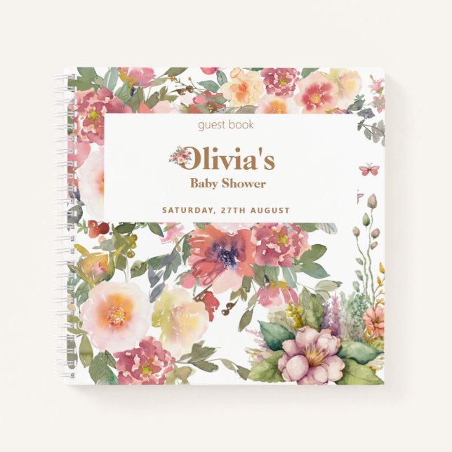Floral Baby Girl Shower Party Guest Book (Front)