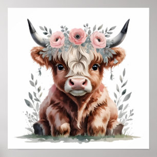 Floral Baby Highland Cow Nursery Print