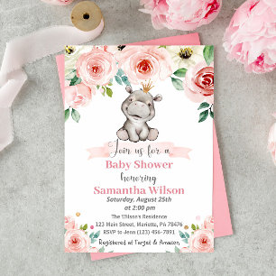 Floral Baby Hippo Princess Baby Shower Invitation