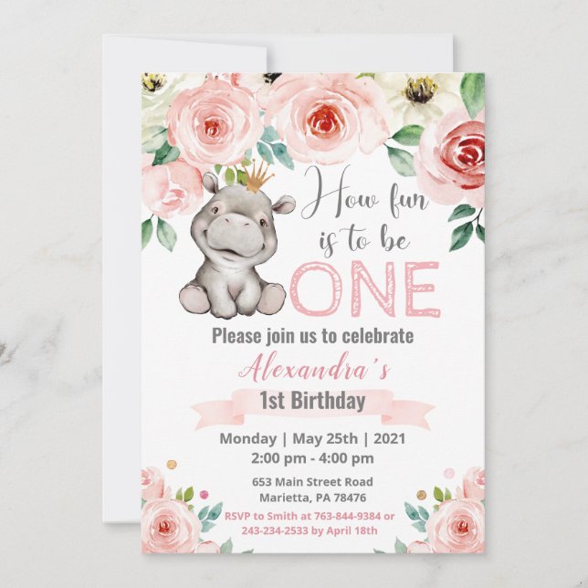 Floral Baby Hippo Princess Birthday Party Invitation (Front)