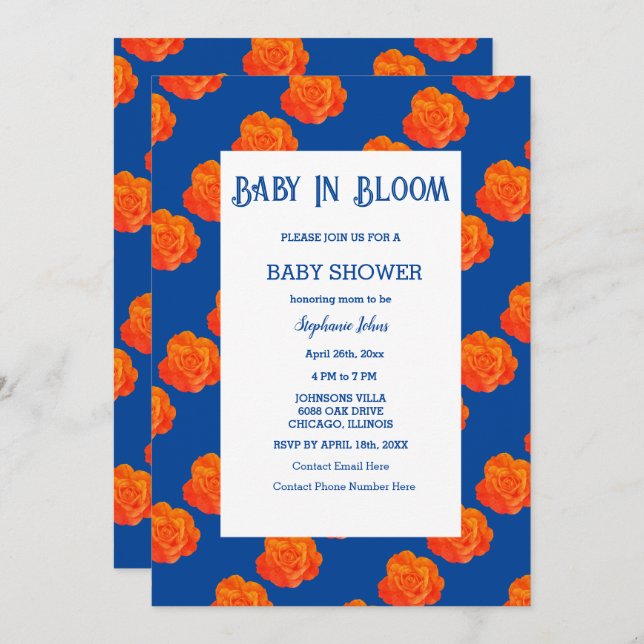  Floral Baby In Bloom Baby Shower Orange Navy Blue Invitation (Front/Back)