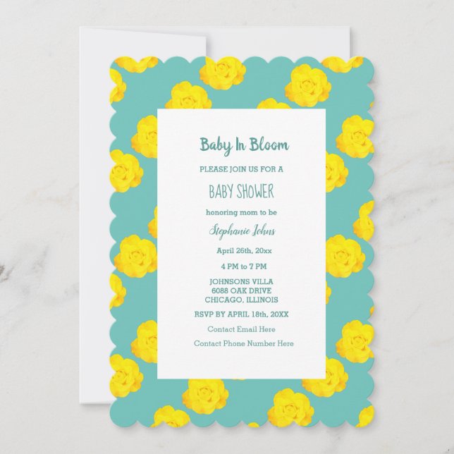 Floral Baby In Bloom Baby Shower Teal Yellow Roses Invitation (Front)