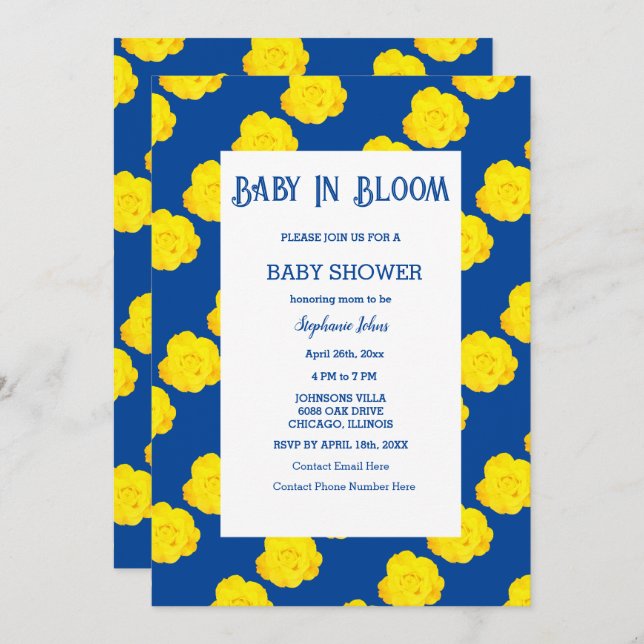  Floral Baby In Bloom Baby Shower Yellow Navy Blue Invitation (Front/Back)