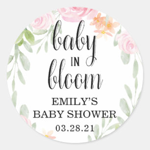 Floral Baby in Bloom Stickers, Baby Shower Favour Classic Round Sticker