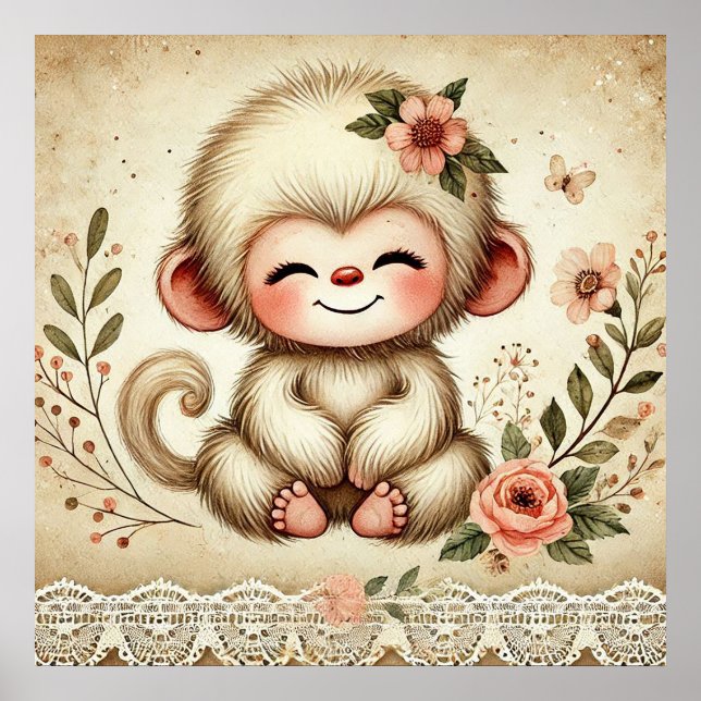 Floral Baby Monkey Nursery Poster (Front)