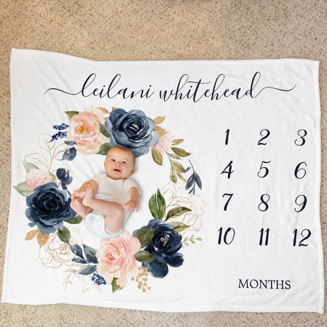 Floral Baby Month Milestone Blush Navy Baby Fleece Blanket (Enjoy this botanical floral wreath large baby blanket to photography your baby each month.)