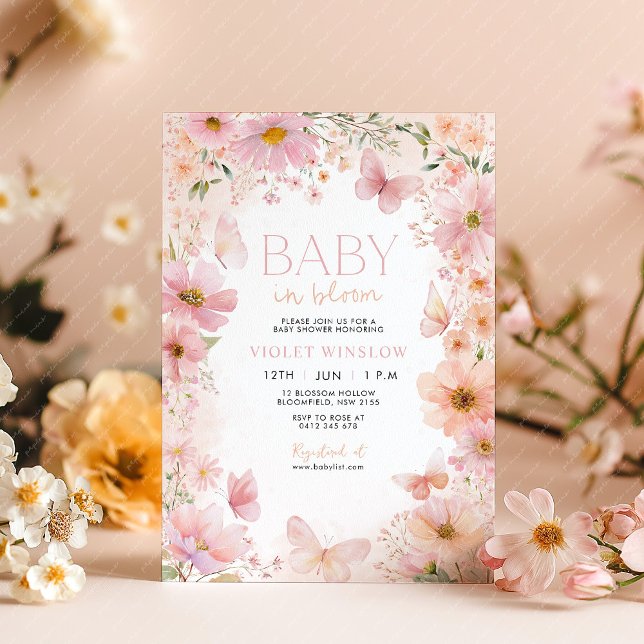 Floral Baby Shower Baby in Bloom Pink Pink Peach Invitation (Pink Peach Floral Invitation with Butterflies. Baby in Bloom Baby shower theme. )