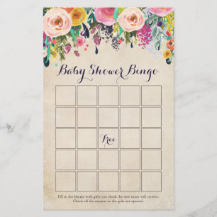 Floral Baby Shower Bingo Game Cards, Vintage