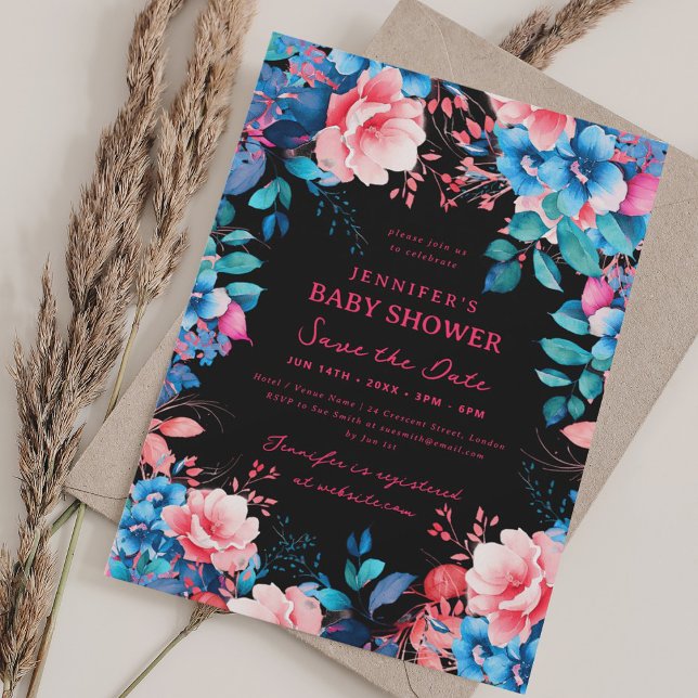 Floral Baby Shower Blue Pink Save Date Black  Invitation (Floral Baby Shower Blue Pink Save Date Black Invitation)