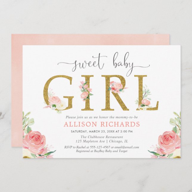 Floral baby shower, elegant blush pink gold girl invitation (Front/Back)