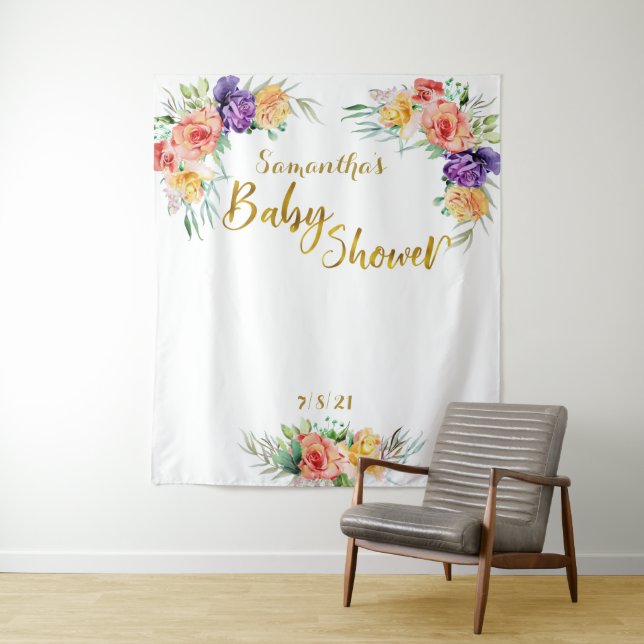 Floral Baby Shower Gold Backdrop Photo Booth Tapestry (In Situ)