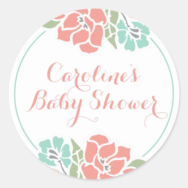 Floral Baby Shower in Coral and Teal Classic Round Sticker (Front)