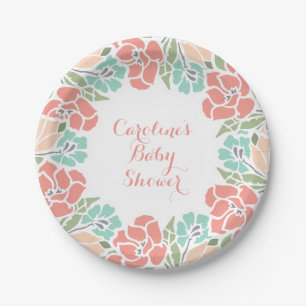 Floral Baby Shower in Coral and Teal Paper Plate