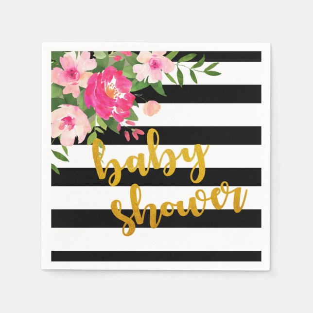 Floral Baby Shower Napkin - Black/White Stripes (Front)