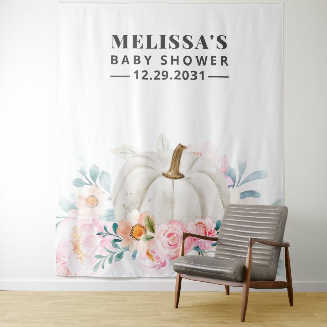 Floral Baby Shower Pink Roses Pumpkin Backdrop Tapestry (In Situ)