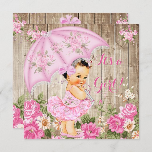 Floral Baby Shower Pink Rustic Wood Girl Brunette Invitation (Front/Back)