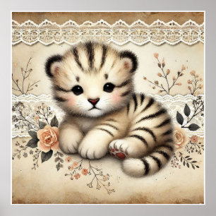 Floral Baby Tiger Nursery Poster