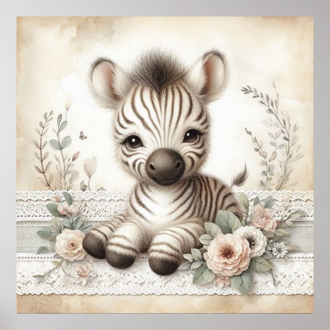 Floral Baby Zebra Nursery Poster (Front)