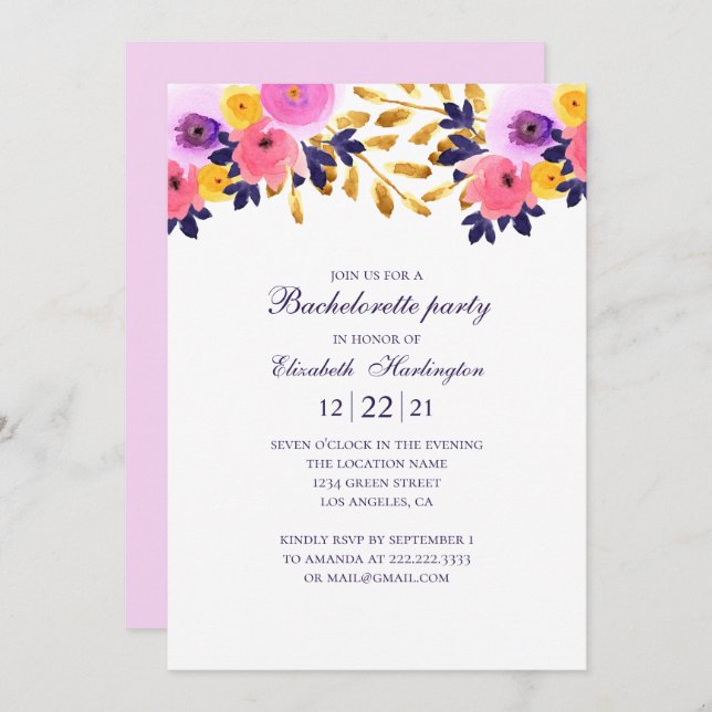 Floral bachelorette party. Pink and purple flowers Invitation (Front/Back)