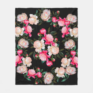 Floral background. Peonies pink and white on a dar Fleece Blanket