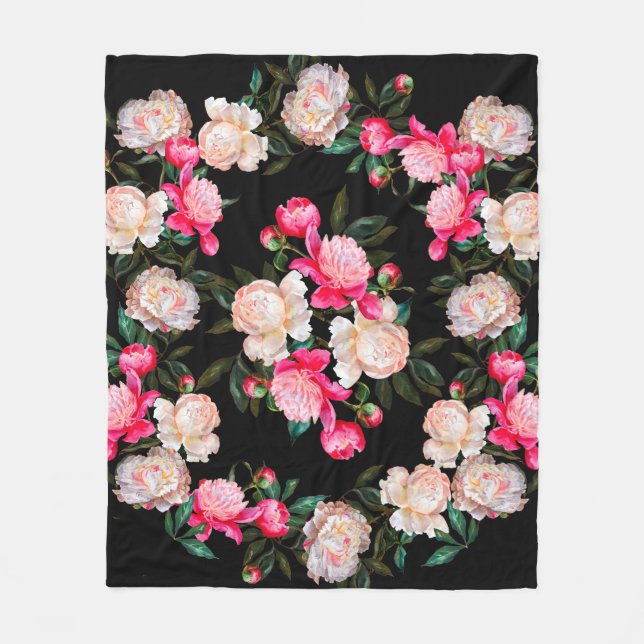 Floral background. Peonies pink and white on a dar Fleece Blanket (Front)